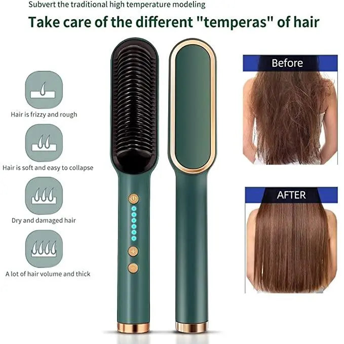 Professional Hair Straightener Tourmaline Ceramic Hair Curler Brush Hair Comb (GREEN)