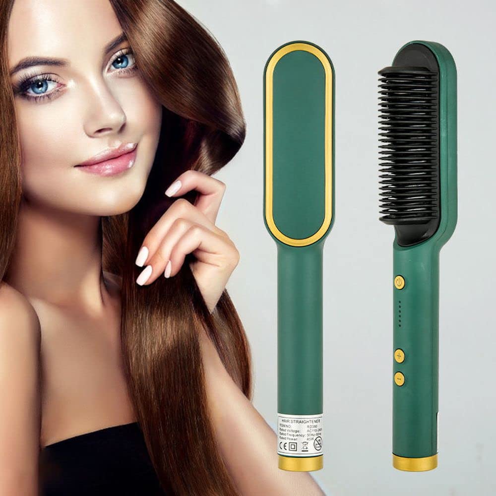 Professional Hair Straightener Tourmaline Ceramic Hair Curler Brush Hair Comb (GREEN)